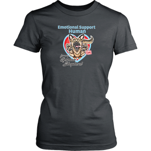 A womens grey shirt by District featuring the original German Shepherd dog artwork by OMG You're HOME! This design has the text "Emotional Support Human" above the German Shepherd. 