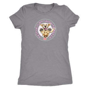 a women's light grey t-shirt featuring the original Golden Retriever dog artwork by OMG You're Home! This collection is dedicated to those of us who love and support rescues.