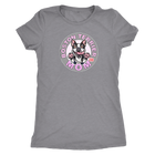 a woman's light grey shirt with the Boston Terrier dog Mom design on the front on pink letters