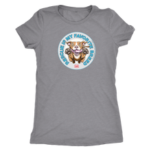 Load image into Gallery viewer, front view of a women&#39;s light grey triblend shirt featuring original Red Nose Pitbull rescue artwork by OMG You&#39;re HOME!