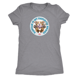 front view of a women's light grey triblend shirt featuring original Red Nose Pitbull rescue artwork by OMG You're HOME!