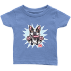 front view of a toddler's light blue OMG You're Home t-shirt with the Boston Terrier dog design  in full color