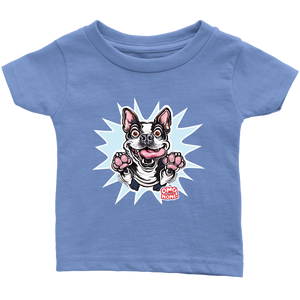 front view of a toddler's light blue OMG You're Home t-shirt with the Boston Terrier dog design  in full color