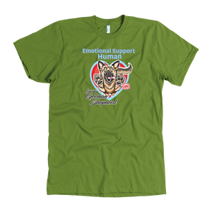 a lime green a blue American Apparel Mens dog lovers shirt featuring the German Shepherd design in the Emotional Support Human collection