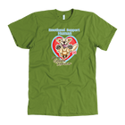 a men's green t-shirt featuring the original OMG You're Home! Emotional Support Human - Golden Retriever design