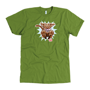 front view of a lime green men's t-shirt with the OMG You're Home Chocolate Labrador Retriever dog design in full color