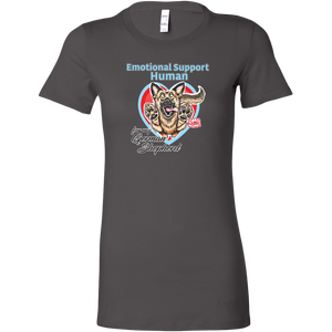 a womens grey shirt featuring the original German Shepherd dog artwork by OMG You're HOME! The text "Emotional Support Human" appears above the design in light blue letters. 