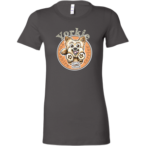 a womans grey tshirt with a yorkshire terrier dog drawing on the front