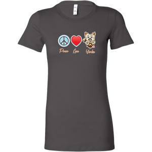 Grey Bella Womens Shirt featuring the Peace Love Yorkie dog design from OMG You're HOME!