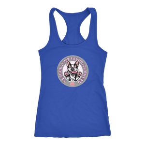 A royal blue Next Level Racerback Tank featuring the OMG You're Home! Boston Terrier design with "Rescue is my favorite breed"