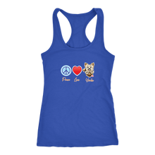 Load image into Gallery viewer, Royal Blue Next Level Racerback Tank featuring the Peace Love Yorkie dog design from OMG You&#39;re HOME!