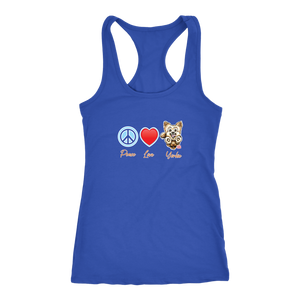 Royal Blue Next Level Racerback Tank featuring the Peace Love Yorkie dog design from OMG You're HOME!