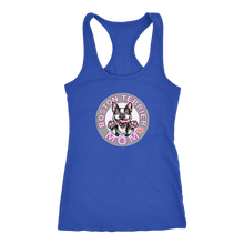 Load image into Gallery viewer, A soft blue Next Level Racerback Tank featuring the OMG You&#39;re Home Boston Terrier Dog Mom design on the front in full vibrant color. 