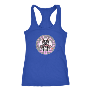 A soft blue Next Level Racerback Tank featuring the OMG You're Home Boston Terrier Dog Mom design on the front in full vibrant color. 