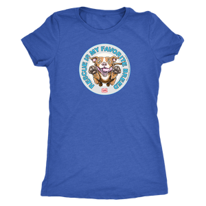 front view of a women's royal blue triblend shirt featuring original Red Nose Pitbull rescue artwork by OMG You're HOME!