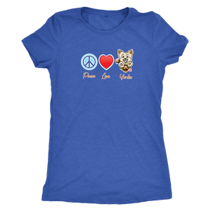 royal blue Next Level Triblend Shirt featuring the Peace Love Yorkie dog design from OMG You're HOME!