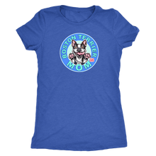 Load image into Gallery viewer, a woman&#39;s blue shirt with the Boston Terrier dog Mom design on the front