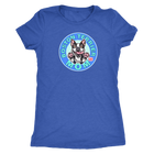 a woman's blue shirt with the Boston Terrier dog Mom design on the front