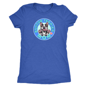 a woman's blue shirt with the Boston Terrier dog Mom design on the front