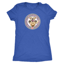 Load image into Gallery viewer, a women&#39;s blue t-shirt featuring the original Golden Retriever dog artwork by OMG You&#39;re Home! This collection is dedicated to those of us who love and support rescues.