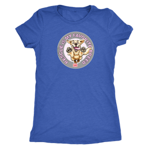 a women's blue t-shirt featuring the original Golden Retriever dog artwork by OMG You're Home! This collection is dedicated to those of us who love and support rescues.