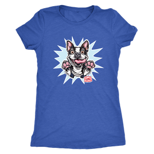 a royal blue Next Level Womens Triblend featuring the OMG You're Home Boston Terrier dog design in full color on the front. 