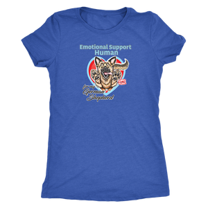 a blue Next Level Womens Triblend shirt for dog lovers featuring the German Shepherd design in the Emotional Support Human collection