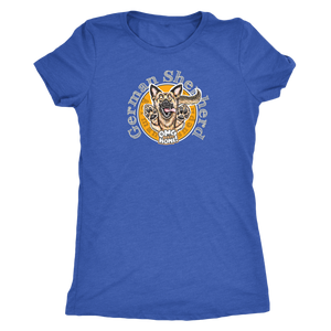 a royal blue women's triblend shirt with the original German Shepherd design on the front in full color 