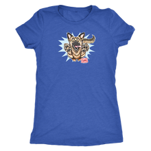 Load image into Gallery viewer, a blue Next Level Womens Triblend shirt featuring the OMG You&#39;re Home German Shepherd dog design on the front in full color. 