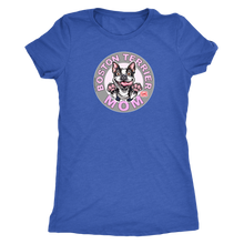 Load image into Gallery viewer, a woman&#39;s royal blue shirt with the Boston Terrier dog Mom design on the front on pink letters