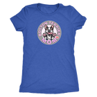 a woman's royal blue shirt with the Boston Terrier dog Mom design on the front on pink letters