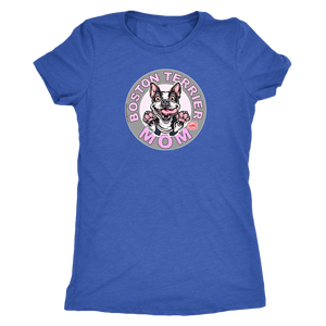 a woman's royal blue shirt with the Boston Terrier dog Mom design on the front on pink letters