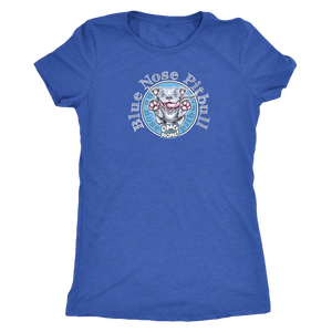 Royal blue woman's t-shirt featuring the Blue Nose Pitbull dog design from OMG You're Home