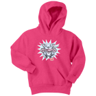 Front view of a youth bright pink hoodie featuring the OMG Blue Nose Pit Bull design