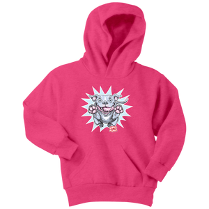 Front view of a youth bright pink hoodie featuring the OMG Blue Nose Pit Bull design