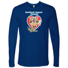 A blue long sleeve t-shirt featuring the original OMG You're Home! Emotional Support Human - Golden Retriever design