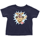 a toddler's navy blue t-shirt featuring the original happy and excited Golden Retriever on the front