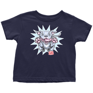 a toddler's navy blue t-shirt with the Blue Nose Pit Bull design by OMG You're Home on the front in full vibrant color