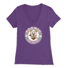 a women's purple v-neck shirt with the OMG You're Home! Yorkie dog mom design on the front