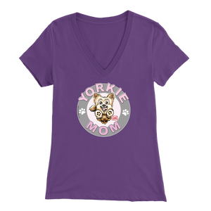 a women's purple v-neck shirt with the OMG You're Home! Yorkie dog mom design on the front