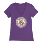 a women's purple v-neck shirt with the OMG You're Home! Yellow Labrador dog mom design on the front