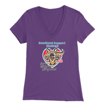 Load image into Gallery viewer, A woman&#39;s purple v-neck shirt featuring the OMG You&#39;re Home! German Shepherd dog design with the text &quot;Emotional Support Human&quot;.