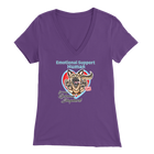 A woman's purple v-neck shirt featuring the OMG You're Home! German Shepherd dog design with the text "Emotional Support Human".