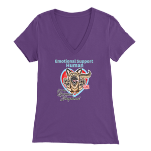 A woman's purple v-neck shirt featuring the OMG You're Home! German Shepherd dog design with the text "Emotional Support Human".