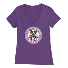 Load image into Gallery viewer, a woman&#39;s purple v-neck shirt with the OMG You&#39;re Home! Boston Terrier dog Mom design on the front in pink letters