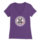 a woman's purple v-neck shirt with the OMG You're Home! Boston Terrier dog Mom design on the front in pink letters