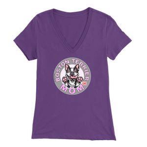 a woman's purple v-neck shirt with the OMG You're Home! Boston Terrier dog Mom design on the front in pink letters