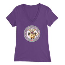 Load image into Gallery viewer, a womens purple v-neck shirt featuring the original Golden Retriever dog artwork by OMG You&#39;re Home!