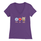 purple Bella Womens V-Neck Shirt featuring the Peace Love Yorkie dog design from OMG You're HOME!
