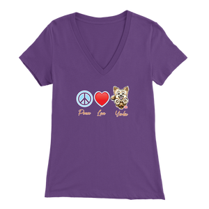 purple Bella Womens V-Neck Shirt featuring the Peace Love Yorkie dog design from OMG You're HOME!